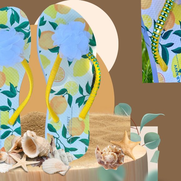 Crystal Bling Lemon Flip Flops, Handmade Embellishments, Beach Sandals, Size 7 - Picture 7 of 14